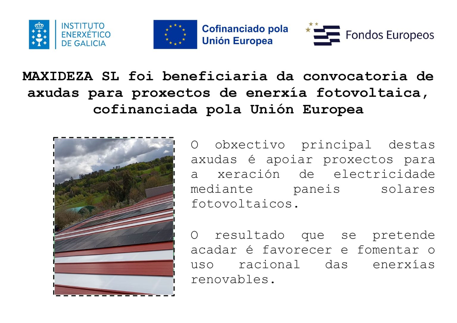 Axuda para proxectos de enerxía fotovoltaica, cofinanciada pola UE